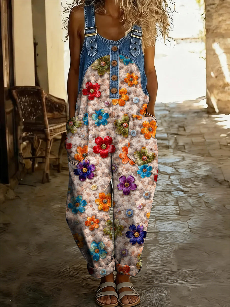 Women's Retro Floral Color-Blocked Art Print Washed Cotton Denim Patchwork Jumpsuit